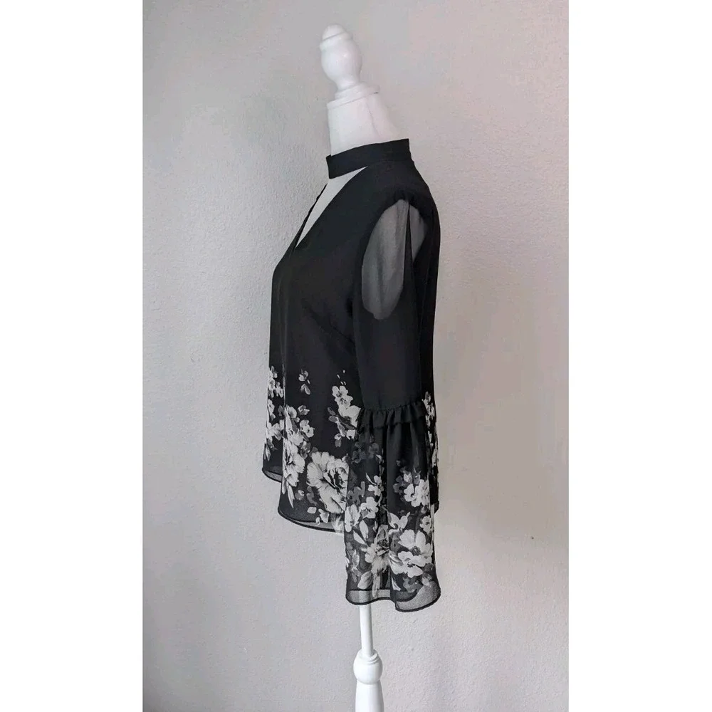 White House Black Market WHBM sz 2 Black Floral Choker Neck Blouse Top Career #6 - Picture 4 of 10